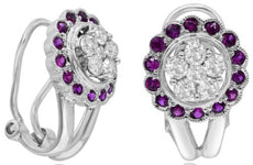 ESTATE 1.10CT DIAMOND & AAA RUBY 14K WHITE GOLD CLASSIC FLOWER FILIGREE EARRINGS