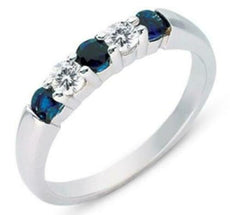 .72CT DIAMOND & AAA SAPPHIRE 14KT WHITE GOLD ROUND SHARED PRONG 5 STONE FUN RING
