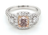 1.52CT WHITE & PINK DIAMOND 18KT WHITE ROSE GOLD CUSHION 3 STONE ENGAGEMENT RING