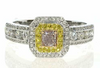 .85CT WHITE PINK FANCY YELLOW DIAMOND 18K TRI COLOR GOLD CUSHION ENGAGEMENT RING
