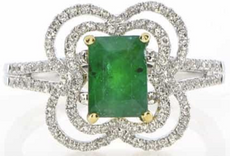 1.54CT DIAMOND & AAA EMERALD 18KT 2 TONE GOLD 3D EMERALD CUT & ROUND FLORAL RING