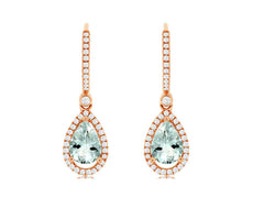 2.32CT DIAMOND & AAA AQUAMARINE 14KT ROSE GOLD 3D PEAR SHAPE HANGING EARRINGS