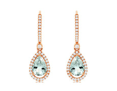 2.32CT DIAMOND & AAA AQUAMARINE 14KT ROSE GOLD 3D PEAR SHAPE HANGING EARRINGS