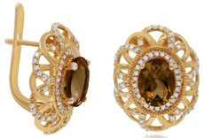 2.51CT DIAMOND & AAA SMOKY QUARTZ 14KT ROSE GOLD 3D OVAL & ROUND FLOWER EARRINGS