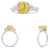 3.19CT WHITE & FANCY YELLOW DIAMOND PLATINUM 3D CUSHION & HALF MOON 3 STONE RING