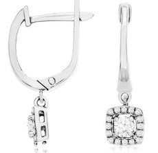 ESTATE .27CT DIAMOND 14K WHITE GOLD ROUND HALO SQUARE LEVERBACK HANGING EARRINGS