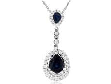 1.31CT DIAMOND & AAA SAPPHIRE 14KT WHITE GOLD PEAR SHAPE HALO FLOATING PENDANT