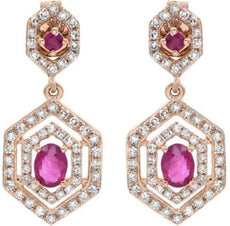 ESTATE 1.35CT DIAMOND & AAA RUBY 14KT ROSE GOLD 3D OVAL & ROUND HANGING EARRINGS