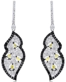 3.41CT WHITE BLACK & FANCY YELLOW DIAMOND 18KT WHITE GOLD LEAF HANGING EARRINGS