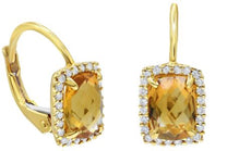 1.90CT DIAMOND & AAA CITRINE 14K YELLOW GOLD 3D CUSHION & ROUND HANGING EARRINGS