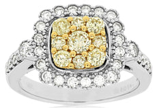 1.05CT WHITE & FANCY YELLOW DIAMOND 14K 2 TONE GOLD SQUARE HALO ANNIVERSARY RING