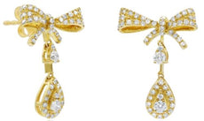 ESTATE .76CT DIAMOND 14KT YELLOW GOLD 3D ROUND TEAR DROP BOW HANGING EARRINGS