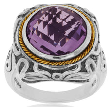 6.0CT DIAMOND & AAA AMETHYST 925 SILVER & 14KT YELLOW GOLD ROUND FILIGREE RING