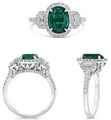 2.02CT DIAMOND & AAA EMERALD PLATINUM OVAL & ROUND 3 STONE HALO ENGAGEMENT RING