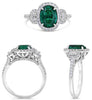 2.02CT DIAMOND & AAA EMERALD PLATINUM OVAL & ROUND 3 STONE HALO ENGAGEMENT RING
