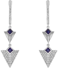 .57CT DIAMOND & AAA SAPPHIRE 14K WHITE GOLD 3D PRINCESS & ROUND HANGING EARRINGS