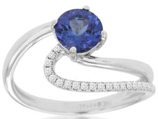 1.10CT DIAMOND & AAA TANZANITE 14KT WHITE GOLD DOUBLE SWIRL SOLITAIRE FUN RING