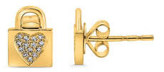 .05CT DIAMOND 14KT YELLOW GOLD 3D ROUND PADLOCK HEART SHAPE LOVE STUD EARRINGS