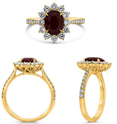 2.61CT DIAMOND & AAA RUBY 18K YELLOW GOLD 3D OVAL & ROUND FLOWER ENGAGEMENT RING