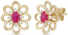 .65CT DIAMOND & AAA RUBY 14K YELLOW GOLD 3D OVAL & ROUND CLASSIC FLOWER EARRINGS