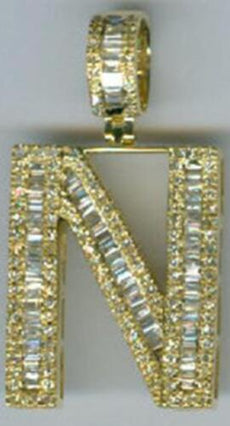.74T DIAMOND 14KT YELLOW GOLD 3D ROUND & BAGUETTE N INITIAL FUN FLOATING PENDANT