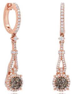 1.15CT WHITE & CHOCOLATE FANCY DIAMOND 14KT ROSE GOLD 3D HUGGIE HANGING EARRINGS