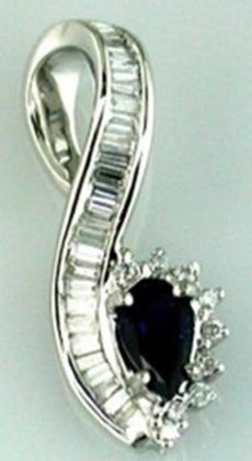 .47CT DIAMOND & AAA SAPPHIRE 14KT WHITE GOLD PEAR SHAPE & BAGUETTE SWIRL PENDANT