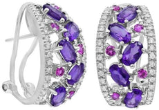 ESTATE 2.70CT DIAMOND & AAA RUBY & AMETHYST 14K WHITE GOLD OVAL & ROUND EARRINGS