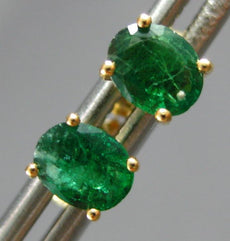 ESTATE .90CT AAA EMERALD 14KT YELLOW GOLD 3D OVAL SOLITAIRE STUD EARRINGS #27587