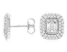 .59CT DIAMOND 14KT WHITE GOLD 3D ROUND & BAGUETTE CLUSTER FLOWER STUD EARRINGS