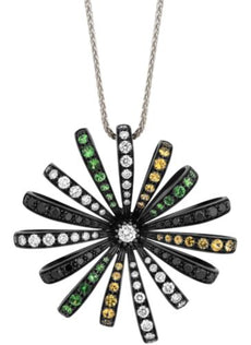 3.11CT MULTI COLOR DIAMOND & AAA TSAVORITE 18K WHITE & BLACK GOLD FLOWER PENDANT