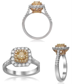 1.08CT WHITE & FANCY YELLOW DIAMOND 18KT TWO TONE GOLD 3D CUSHION & ROUND RING