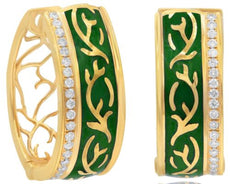 WIDE .33CT DIAMOND & GREEN ENAMEL 18K YELLOW GOLD OPEN FILIGREE HANGING EARRINGS
