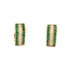 .58CT DIAMOND & AAA EMERALD 18KT YELLOW GOLD 3 ROW HOOP HUGGIE HANGING EARRINGS