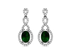 ESTATE 1.82CT DIAMOND & AAA EMERALD 14K WHITE GOLD OVAL & ROUND HANGING EARRINGS