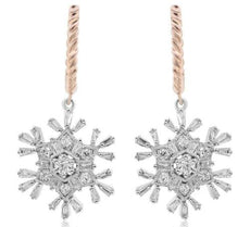 1.0CT DIAMOND 14KT WHITE & ROSE GOLD ROUND & BAGUETTE SNOWFLAKE HANGING EARRINGS