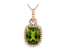 4.55CT DIAMOND & AAA PERIDOT 14K ROSE GOLD CUSHION & ROUND HALO FLOATING PENDANT