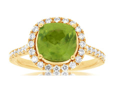 2.6CT DIAMOND & AAA PERIDOT 14KT YELLOW GOLD 3D CUSHION & ROUND HALO SQUARE RING