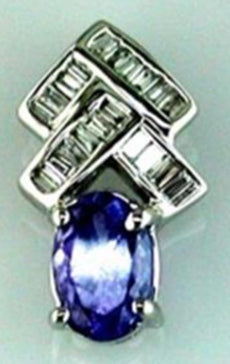 .62CT DIAMOND & AAA TANZANITE 14KT WHITE GOLD 3D OVAL & BAGUETTE PYRAMID PENDANT