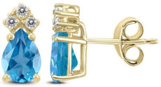 1.10CT DIAMOND & AAA TOPAZ 14KT YELLOW GOLD 3D PEAR SHAPE & ROUND STUD EARRINGS