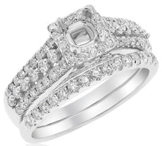 .85CT DIAMOND 14KT WHITE GOLD SQUARE HALO SEMI MOUNT ENGAGEMENT WEDDING RING SET
