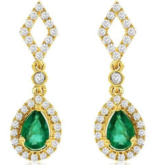 1.24CT DIAMOND & AAA EMERALD 14KT YELLOW GOLD PEAR SHAPE HALO HANGING EARRINGS