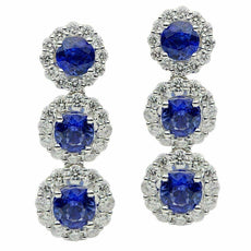 ESTATE LARGE 6.21CT DIAMOND & AAA SAPPHIRE 18KT WHITE GOLD 3D HANGING EARRINGS