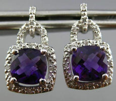 ESTATE 2.02CT DIAMOND & AMETHYST 14KT WHITE GOLD 3D SQUARE HALO HANGING EARRINGS