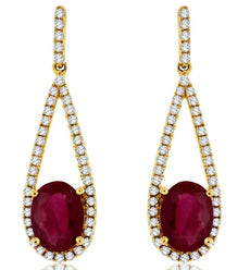 ESTATE 2.15CT DIAMOND & AAA RUBY 14K YELLOW GOLD OVAL & ROUND ELONGATED EARRINGS