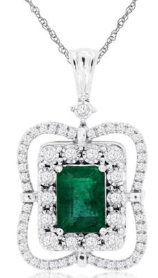 1.25CT DIAMOND & AAA EMERALD 14KT WHITE GOLD SQUARE HALO FLOWER FLOATING PENDANT