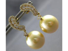 ESTATE LARGE .6CT DIAMOND & AAA GOLDEN SOUTH SEA PEARL 18K YELLOW GOLD CHANNEL EARRINGS
