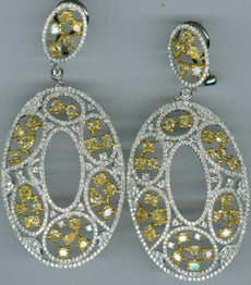 LARGE 7.91CT WHITE & FANCY YELLOW DIAMOND 18KT 2 TONE GOLD CLUSTER OVAL EARRINGS