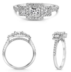 1.26CT DIAMOND PLATINUM 3D ROUND & PRINCESS CLASSIC 3 STONE HALO ENGAGEMENT RING