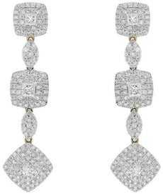 LARGE 2.14CT DIAMOND 14KT YELLOW GOLD 3D PRINCESS & ROUND LEAF HANGING EARRINGS